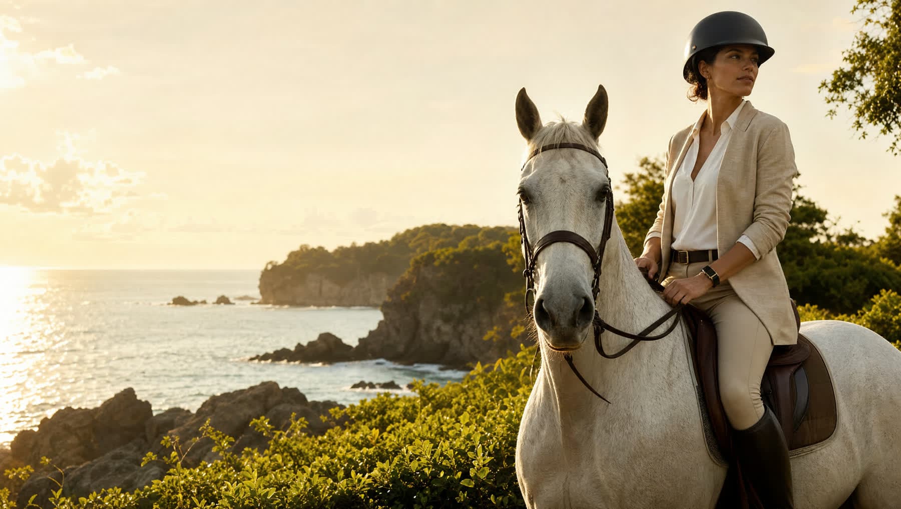 Illustrative rider walking a horse along the coast