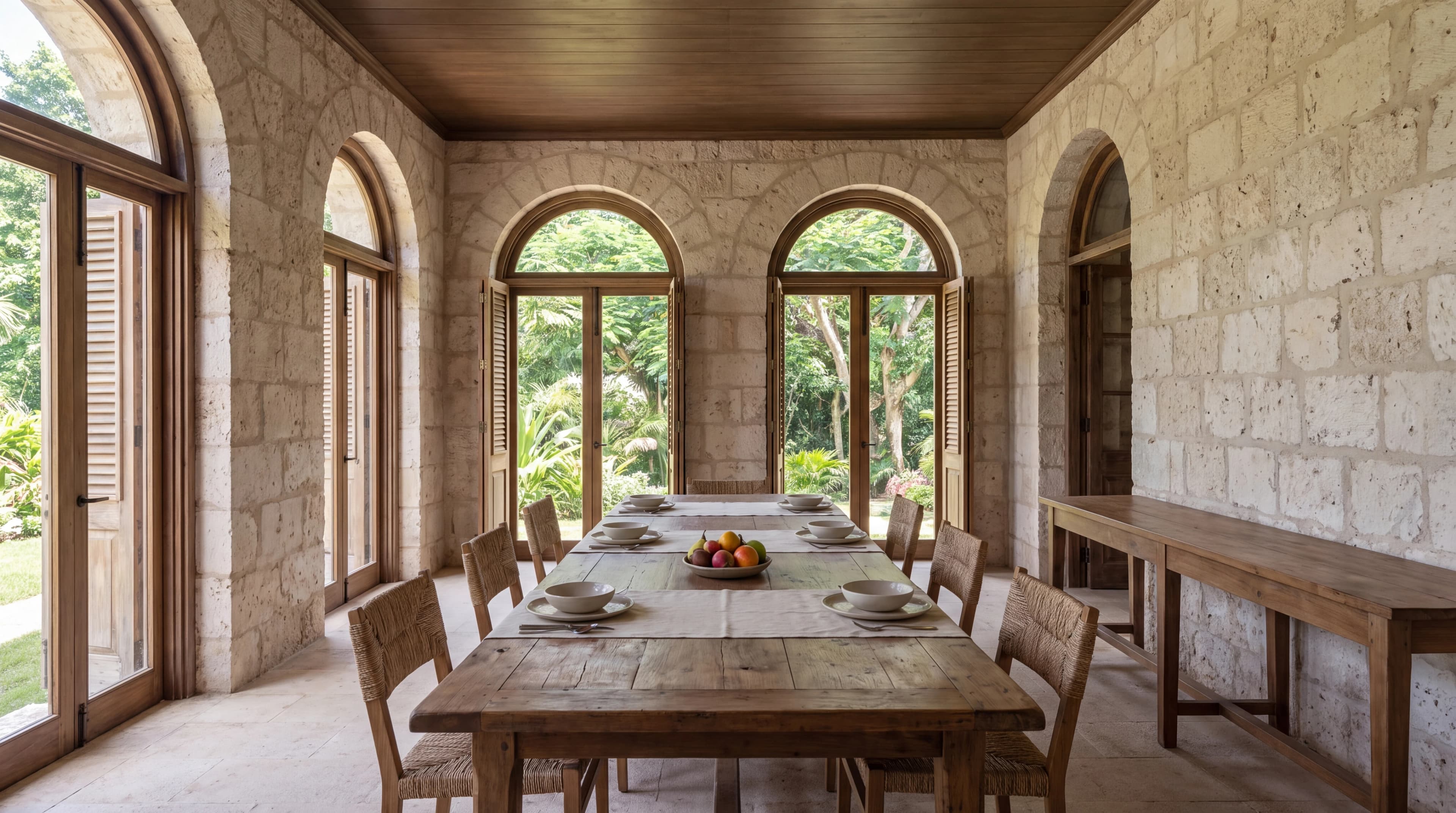 Proposed indoor dining room with a long timber table and eight chairs