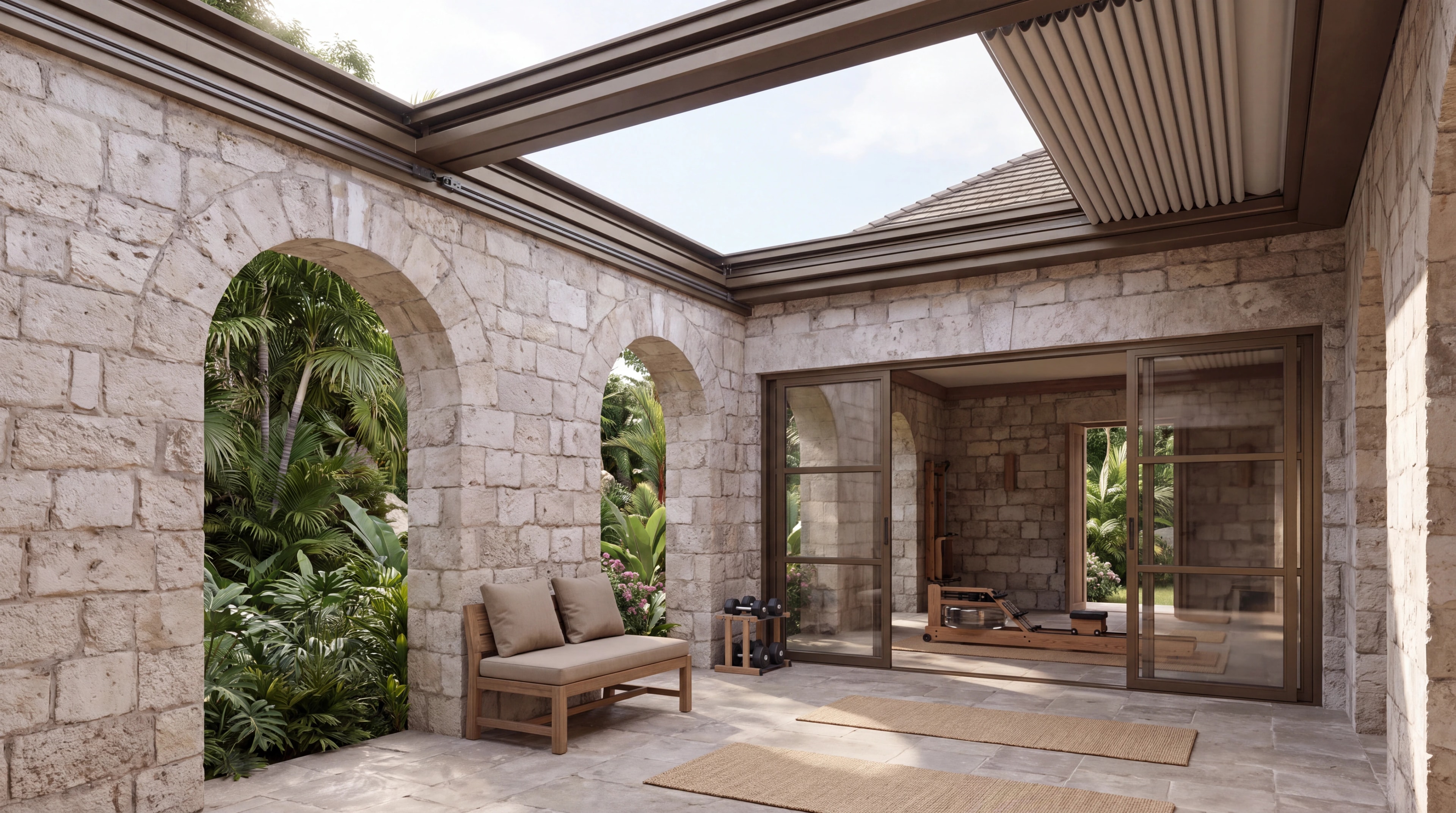 Proposed ground-floor courtyard gym with the retractable roof open and an adjoining enclosed exercise room