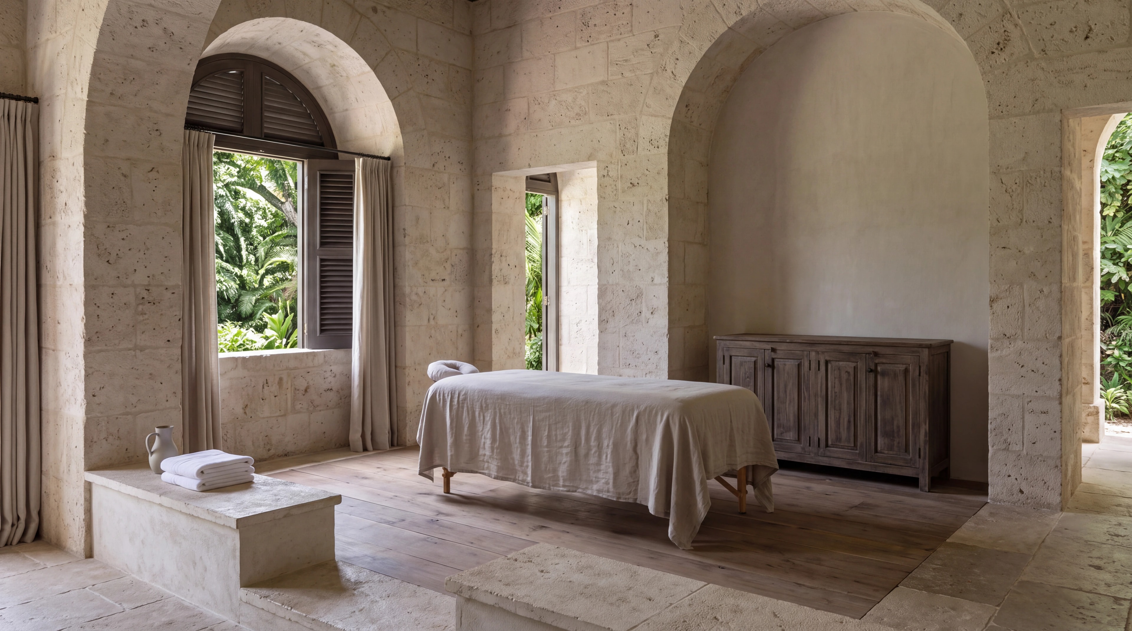 Proposed limestone massage room with a single treatment table and garden window