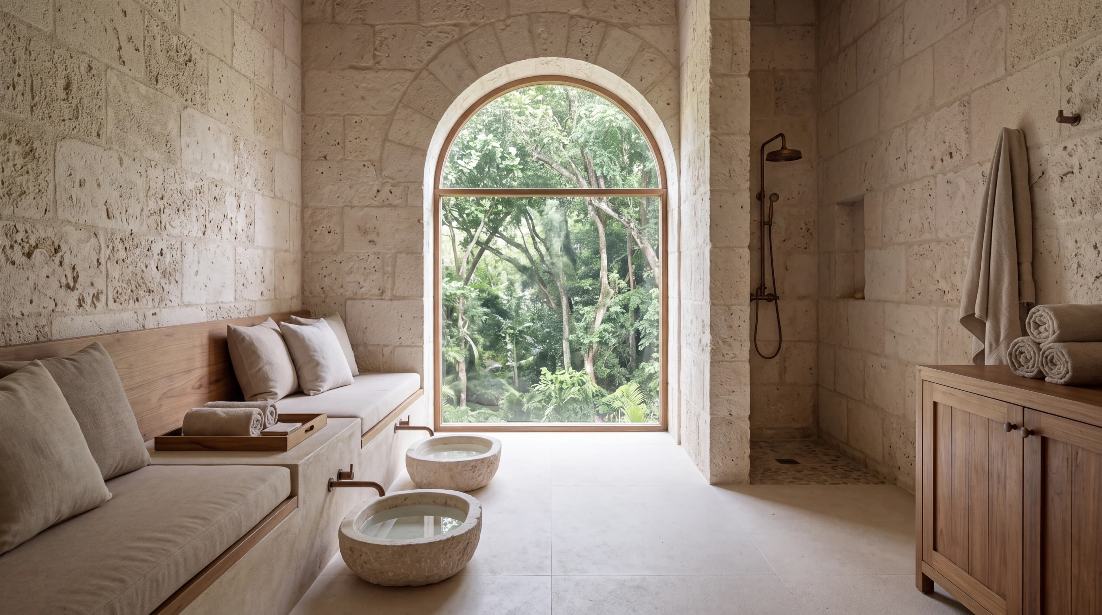 Proposed intimate spa room with stone foot-soak basins and a sitting bench