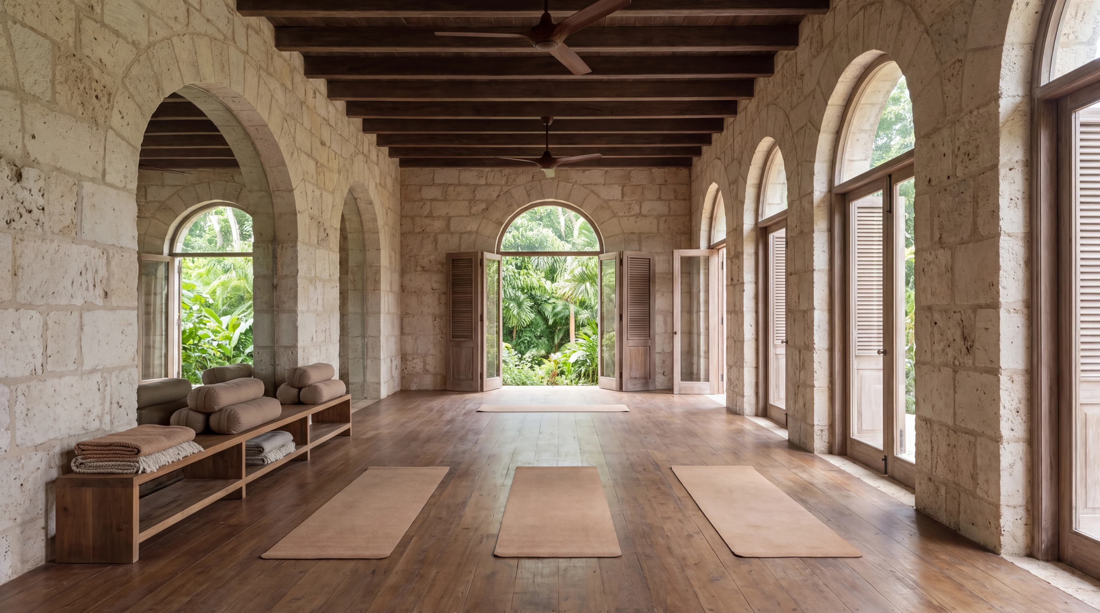 Proposed enclosed yoga studio with timber floors and garden-facing arched doors