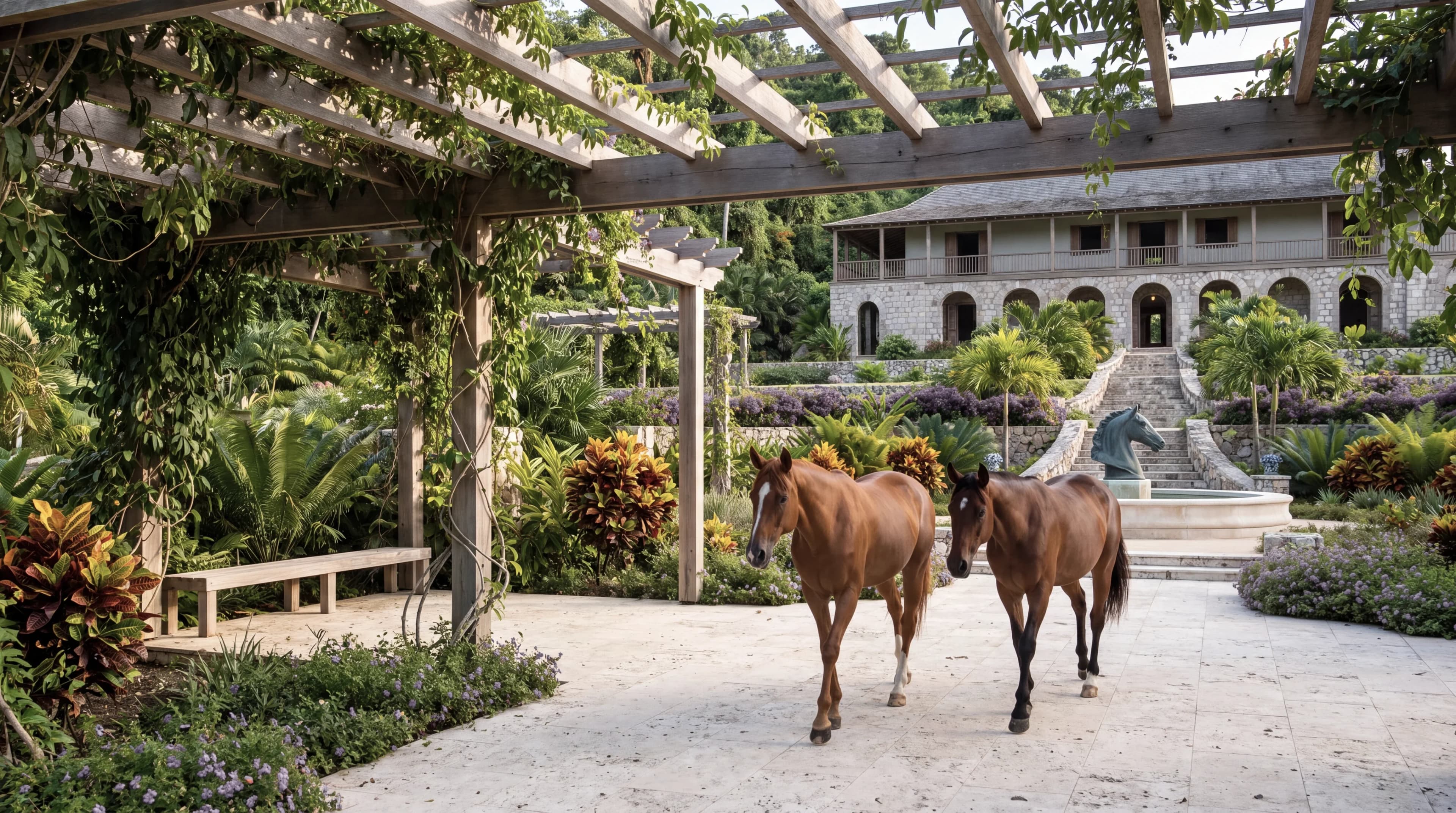 Proposed vine-covered garden pergola with a broad clear approach and two horses walking along the path