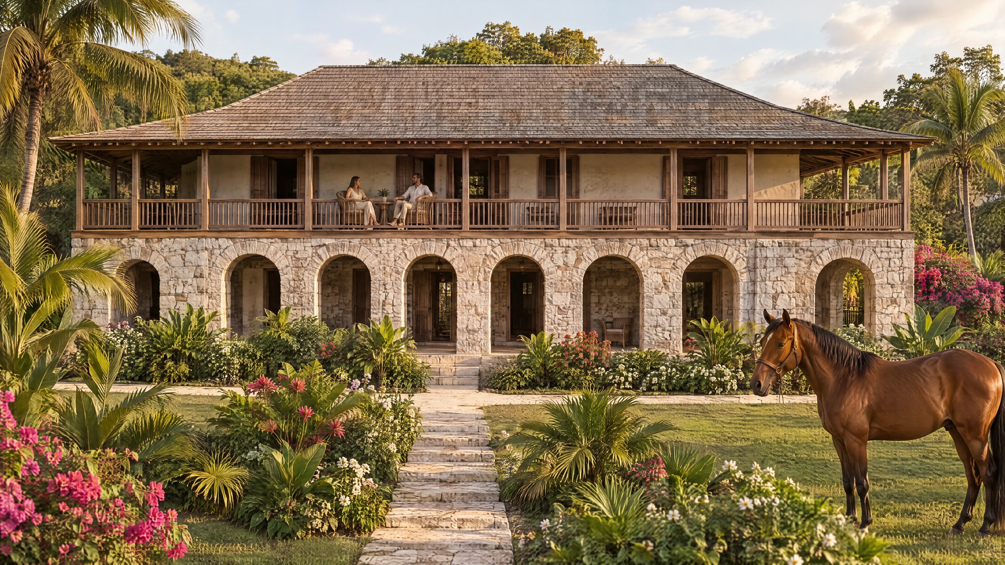 The Great House from the garden path: limestone arches below a deep timber verandah, with a horse on the lawn