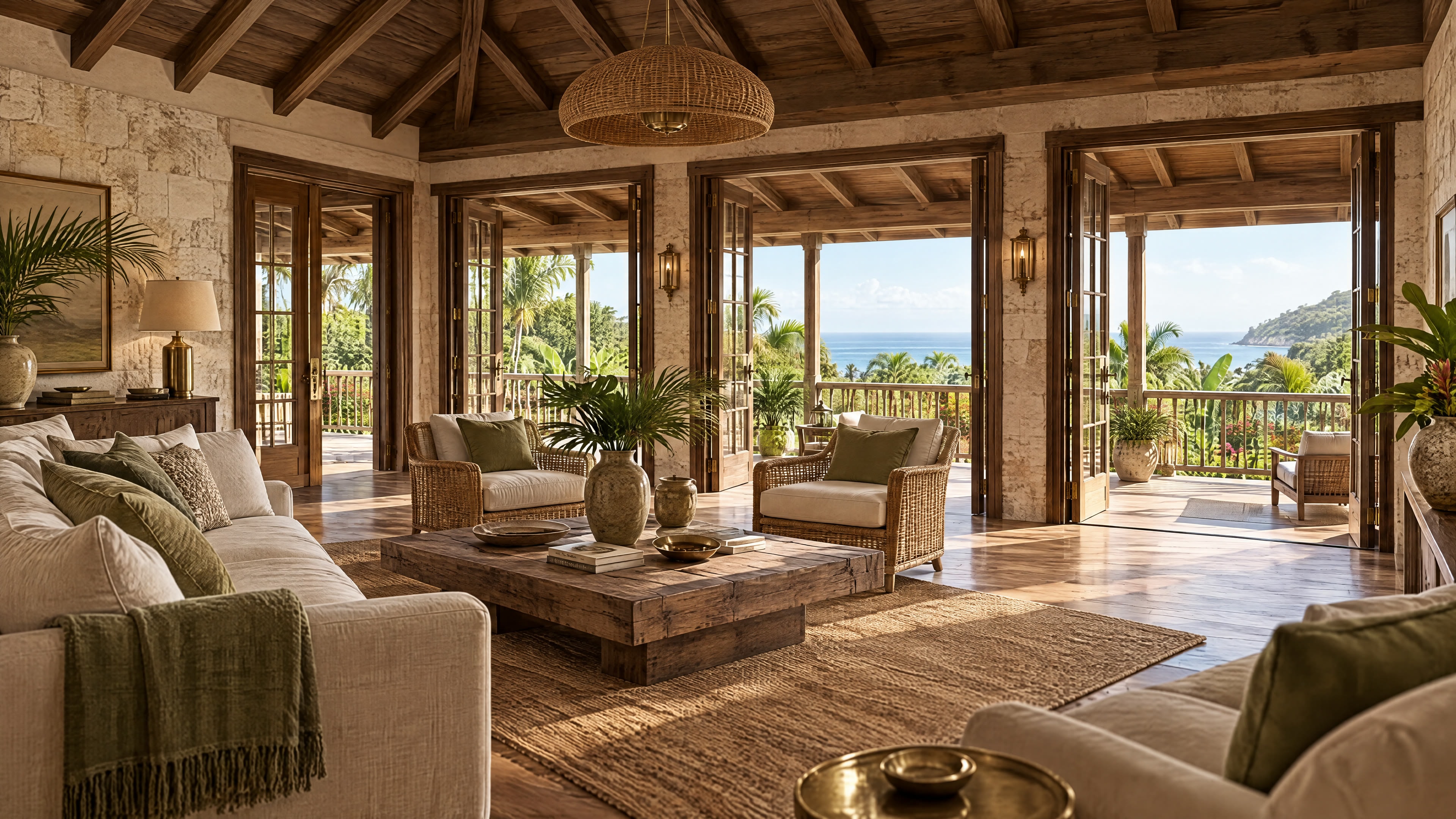 Proposed upper-floor lounge with timber beams and French doors opening onto the verandah and sea view