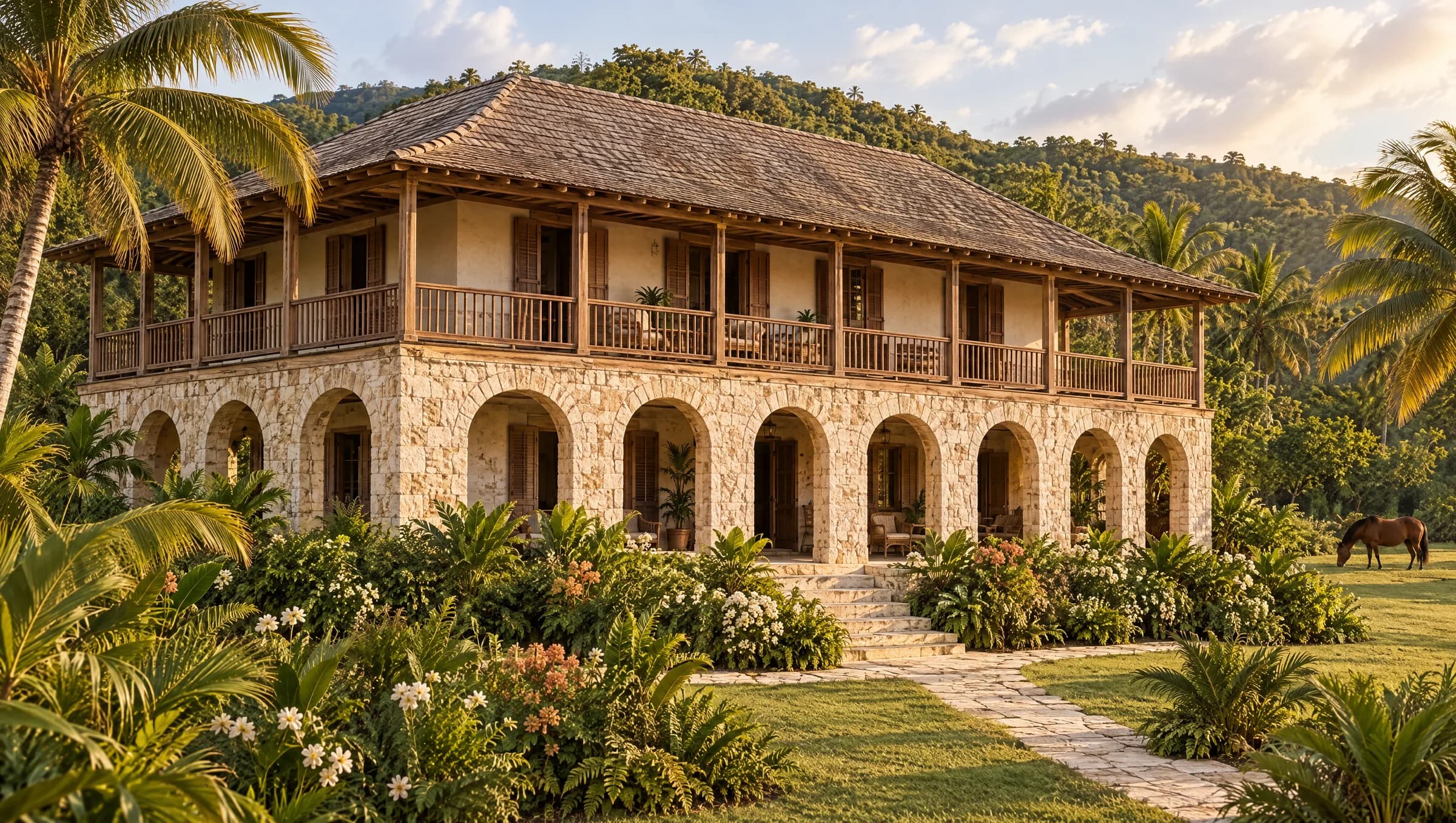 The Great House from the lawn, with limestone arches below a rustic timber upper verandah