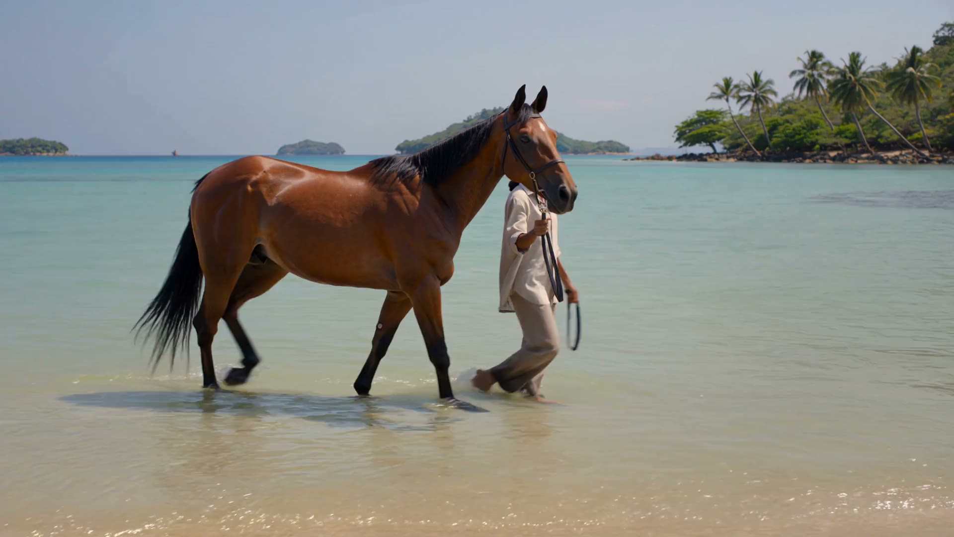 A guide leading a bay horse through clear Caribbean shallows