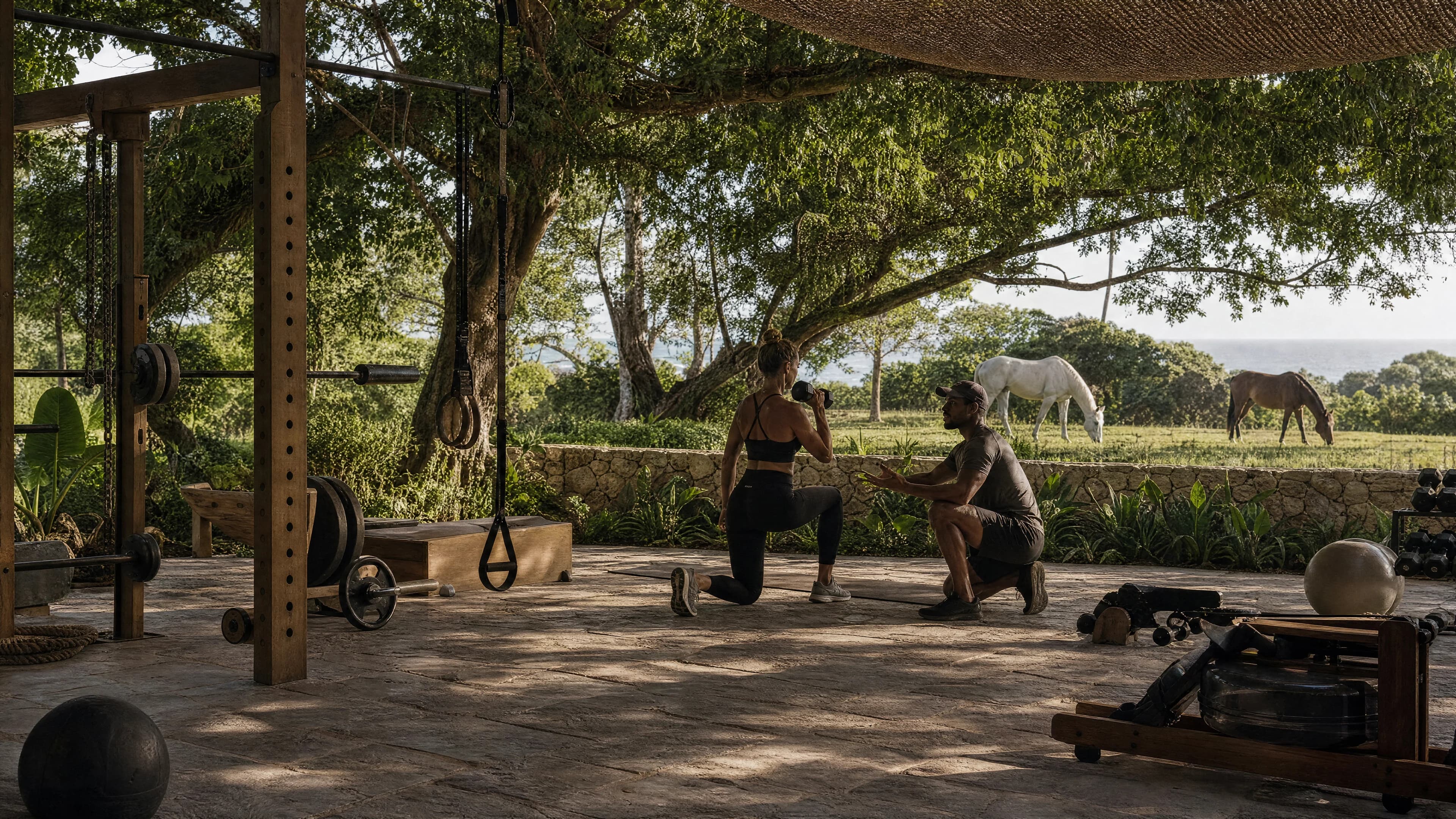 Guests training outdoors beneath shade trees with horses grazing nearby