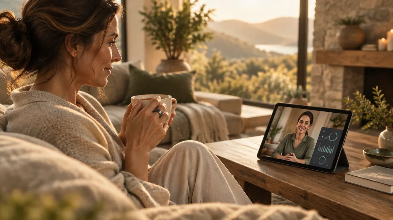 Illustrative at-home aftercare session with a smart ring and a video call