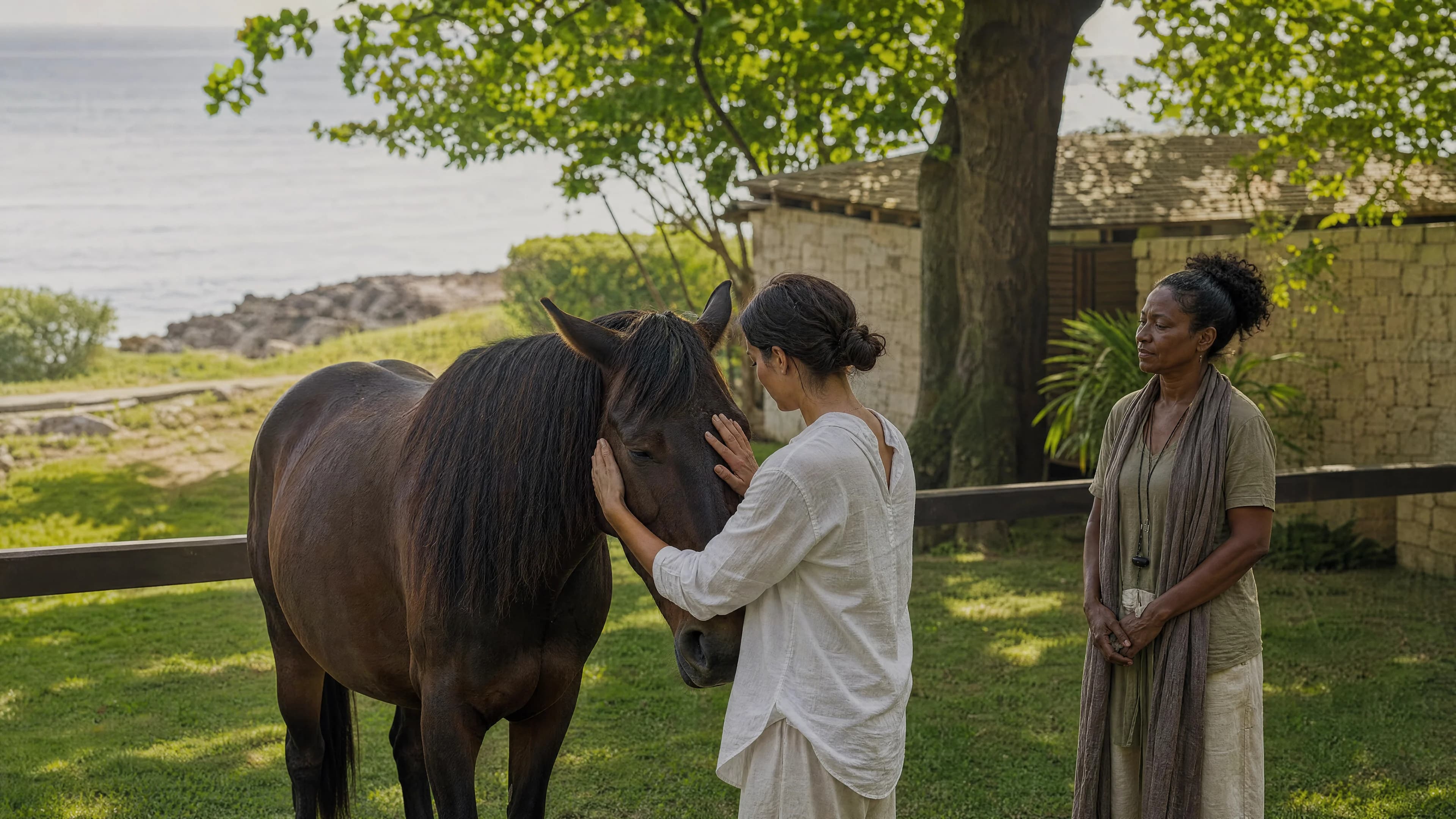 A guest resting a hand on a calm horse with a facilitator nearby