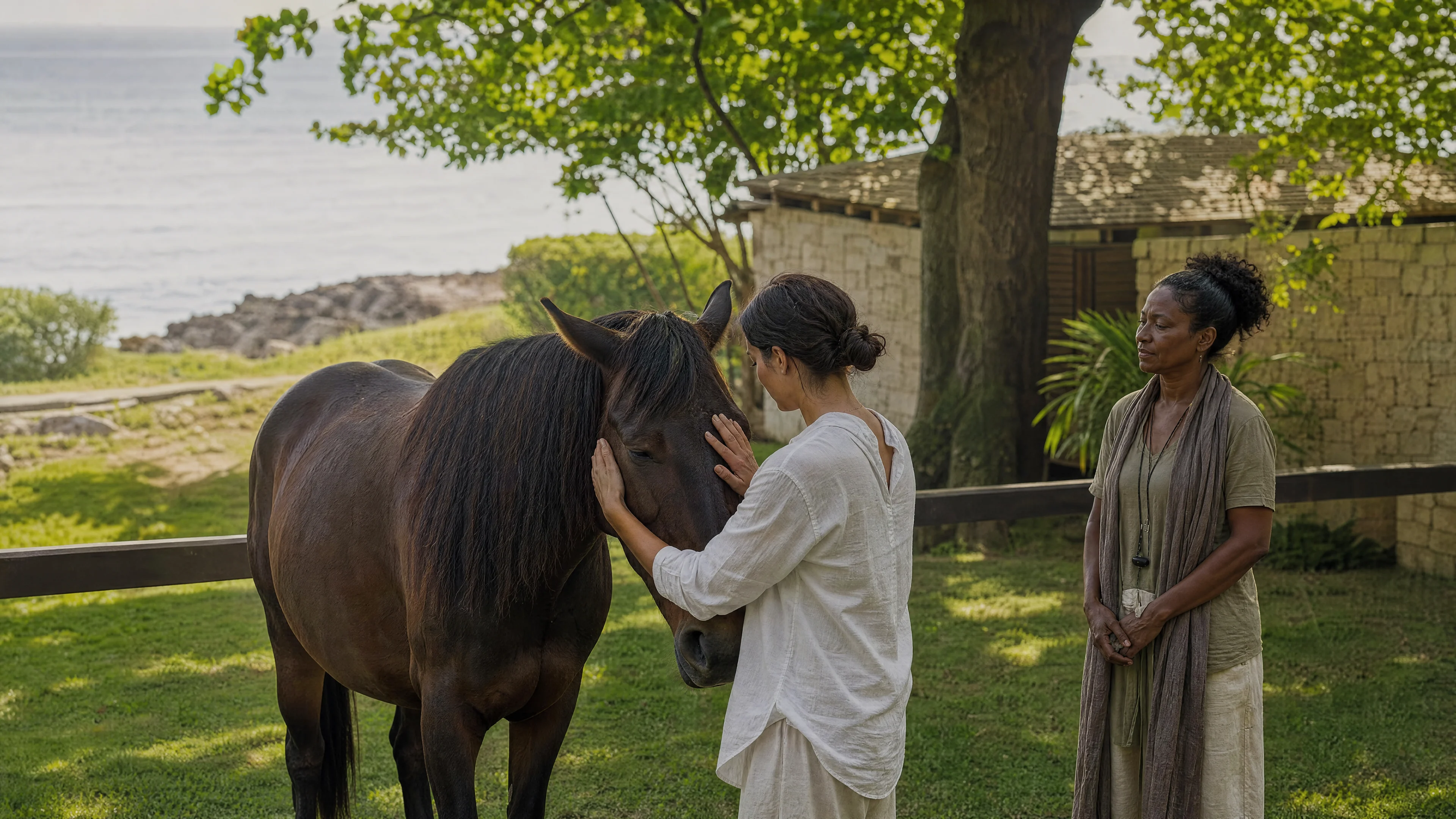 A guest resting a hand on a calm horse with a facilitator nearby