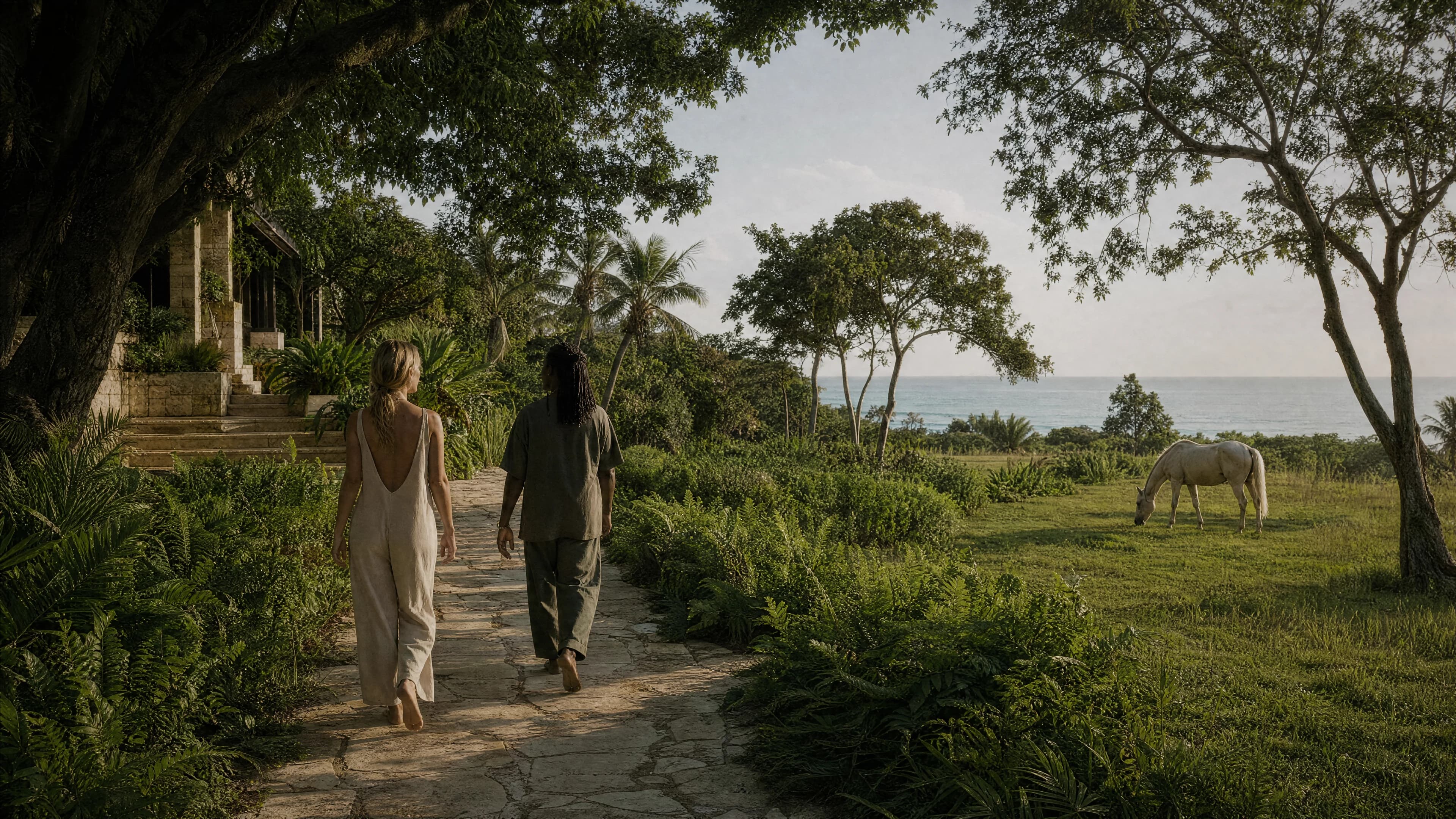 Illustrative tropical landscape with a walking path toward the sea