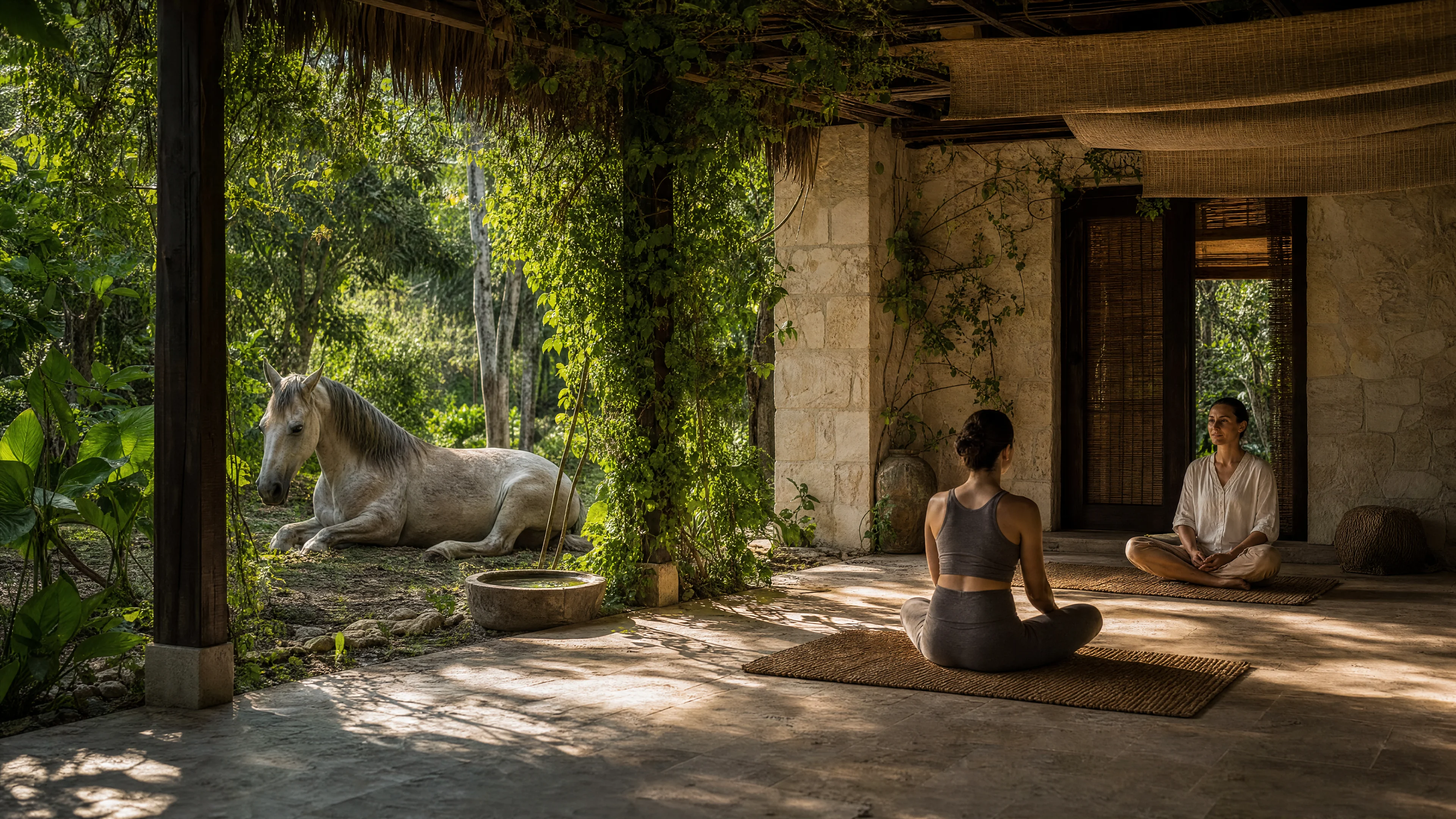 Two people meditating in a quiet garden pavilion with a resting horse nearby