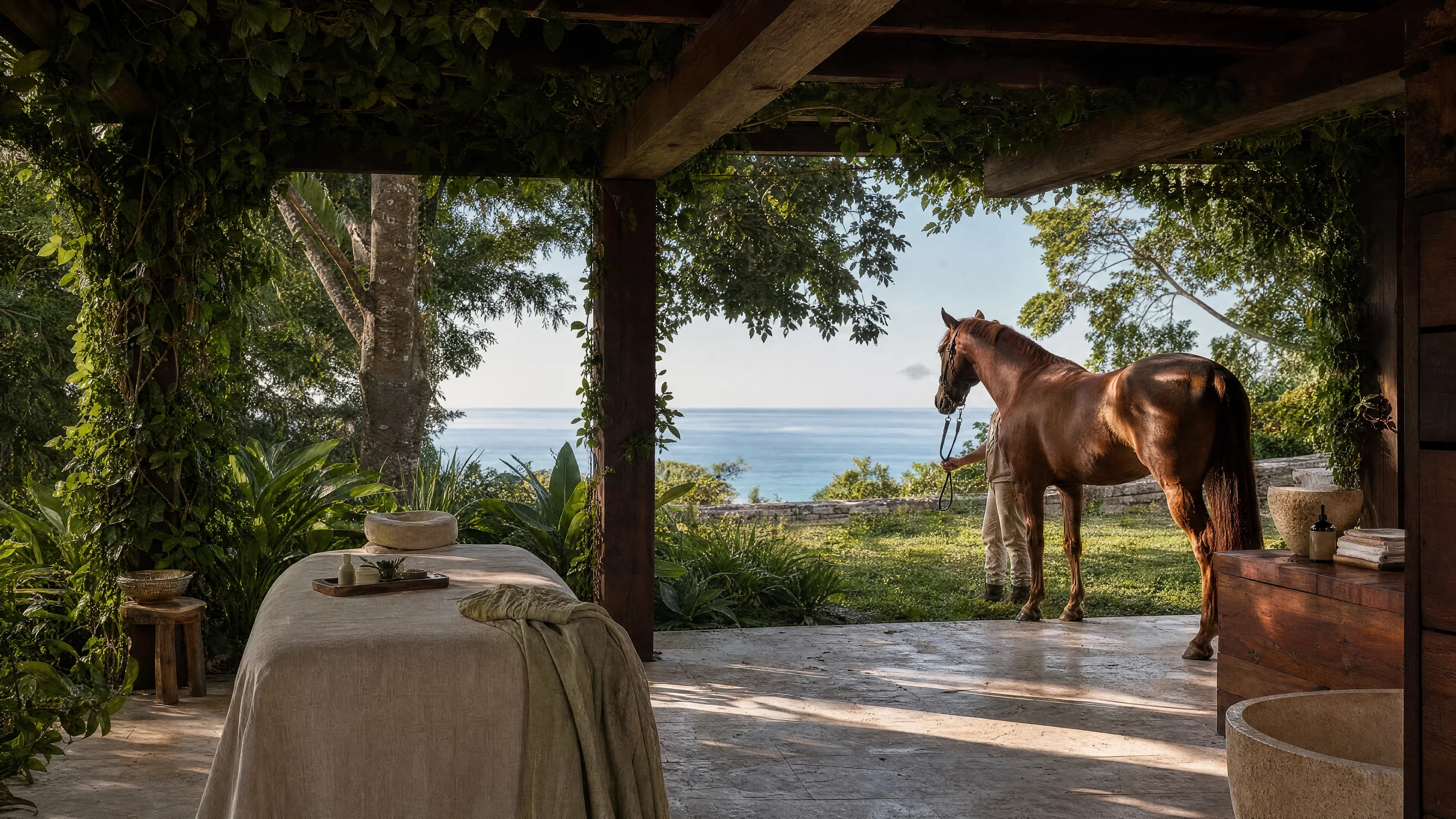 An open-air treatment pavilion looking out to the sea, with a horse standing nearby