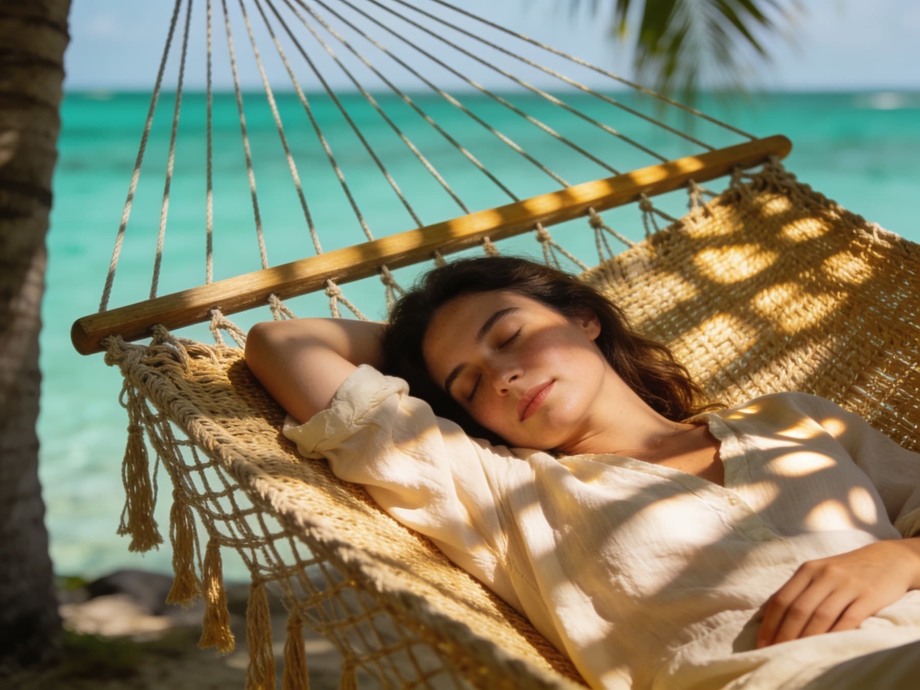 Illustrative hammock resting beneath shade trees near the coast