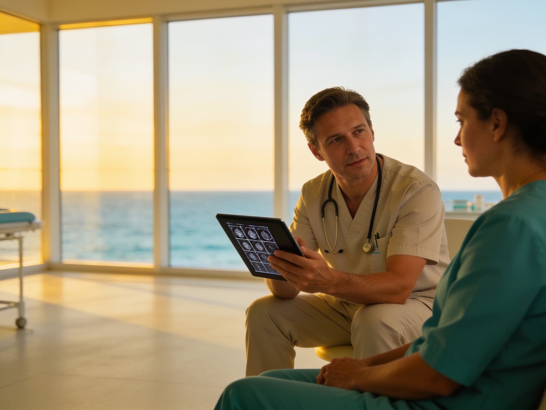Illustrative unhurried consultation in a bright room