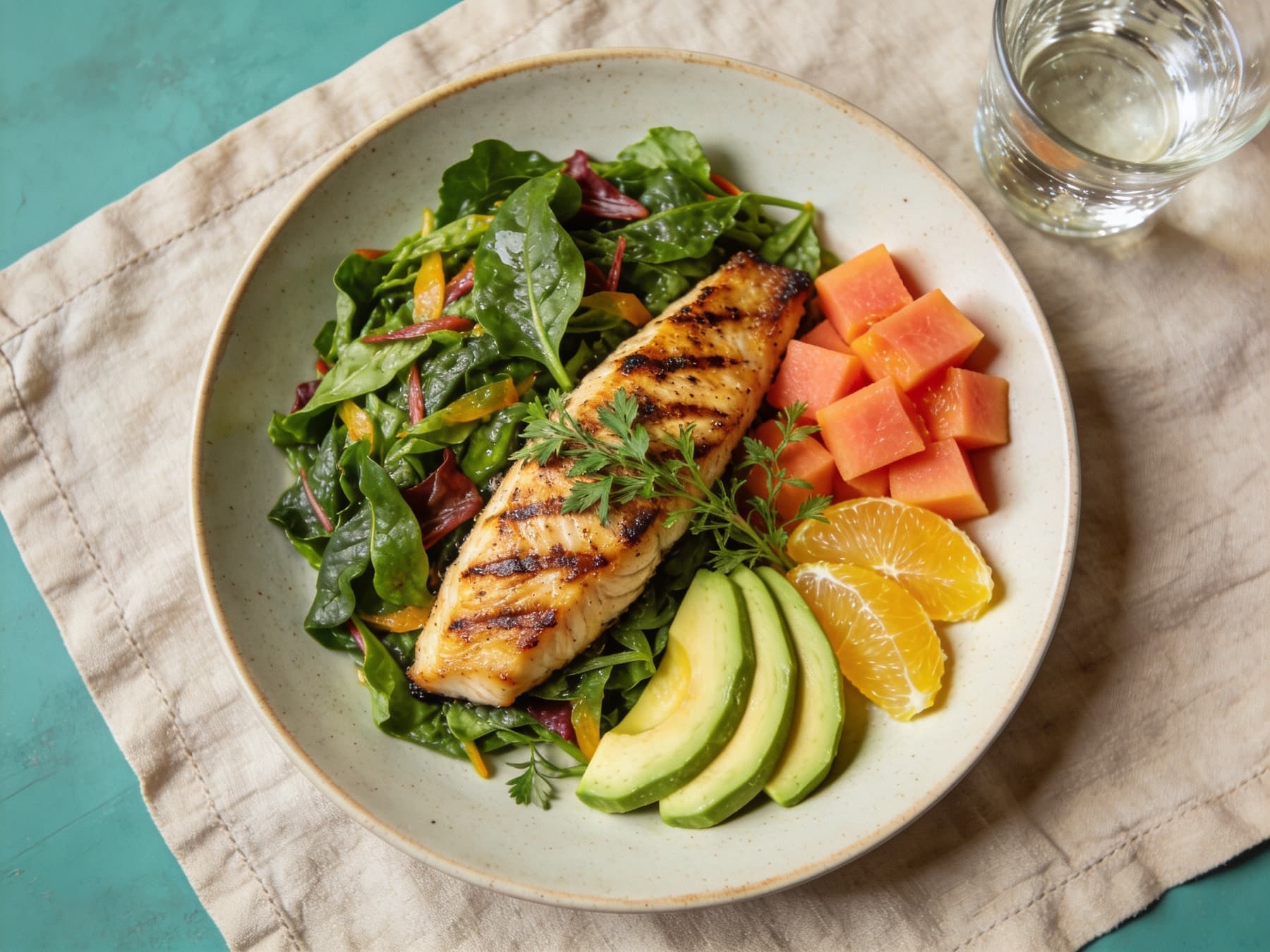 Illustrative plate of fresh, colourful whole foods