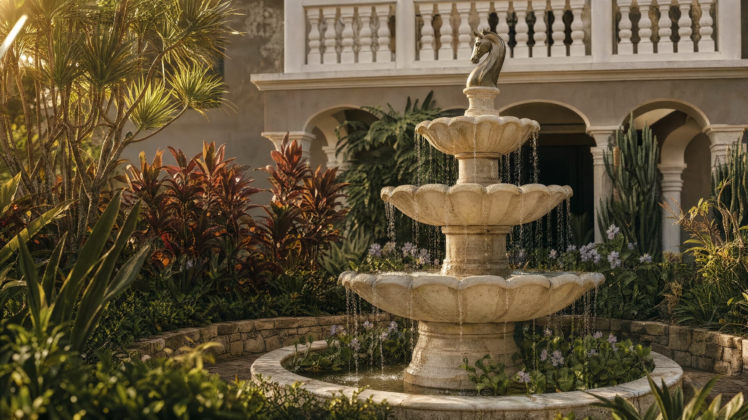 The horse fountain at the centre of the Great House gardens