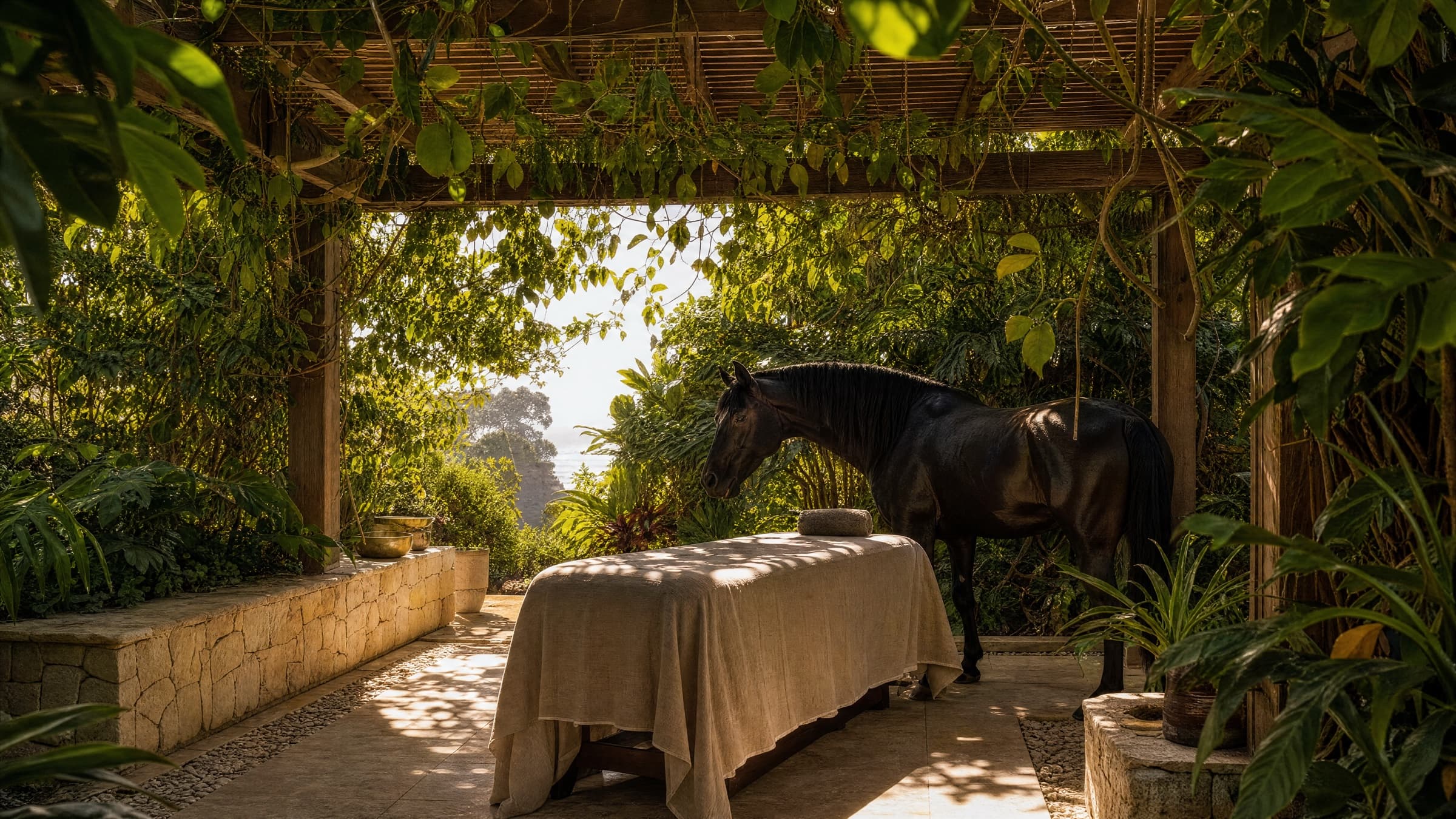 A treatment table beneath a planted pergola with a horse standing beyond
