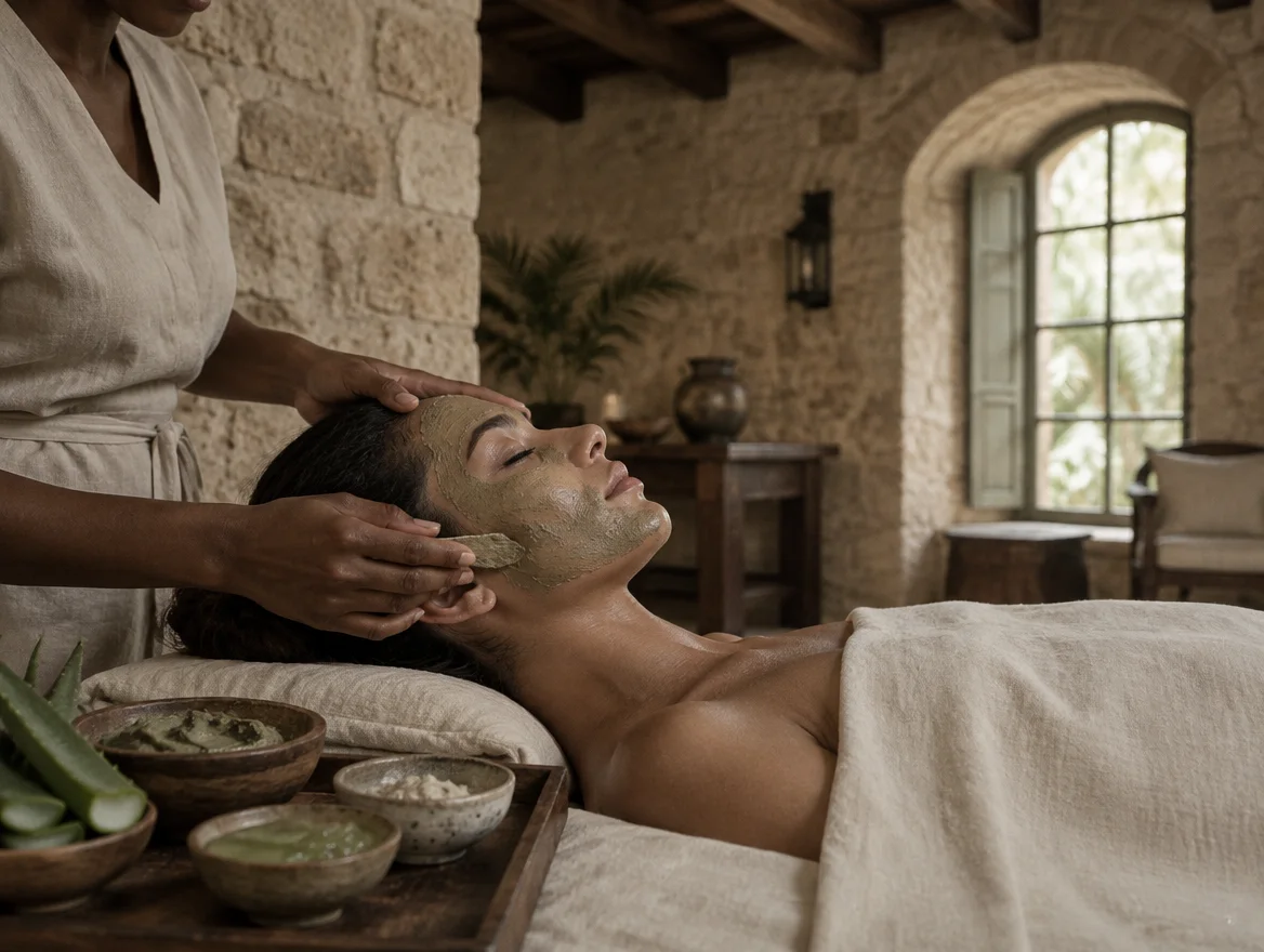 A therapist applying a botanical clay treatment in a limestone treatment room